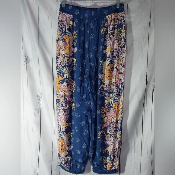 Anthropologie Odette Pants Size Med Blue Floral High Waist Tapered Joggers - Picture 2 of 13